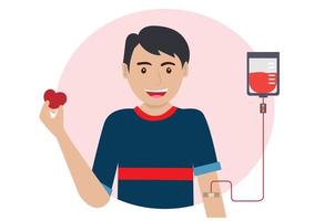 volontari maschi donano il sangue. donate il sangue. giornata mondiale del donatore di sangue. uomo di assistenza sanitaria che tiene il cuore per l'illustrazione di vettore del fumetto piatto