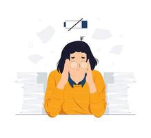 dipendente stanco frustrato che si tocca la testa, sentendosi assolutamente stressato ed esausto a causa del superlavoro, della scadenza, dell'illustrazione del concetto di stanchezza vettore