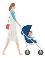 Madre con un bambino in un passeggino, isolato su sfondo bianco. vettore