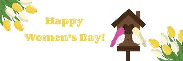 simpatico banner per le vacanze giornata internazionale della donna con mazzi di tulipani e uccelli sulla casetta degli uccelli vettore