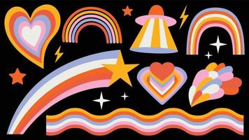 set di elementi psichedelici arcobaleno cool retrò hipster. una raccolta di clipart groovy iridescenti degli anni '70. disegno astratto di adesivi dei cartoni animati. illustrazione vettoriale di tendenza