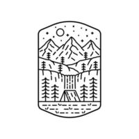 campo nella foresta con una bellissima cascata - linea mono grafica per pin illustrazione grafica disegno vettoriale t-shirt