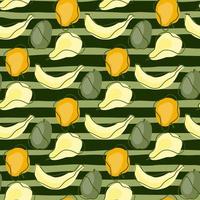modello senza cuciture astratto sagomato con banane, mele, prugne e pere. sfondo di frutta. sfondo a righe verdi. vettore