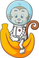 la scimmia astronauta indossa il casco e cavalca la banana vettore