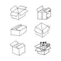 scatola di cartone aperta disegnata a mano in stile doodle. , line art, nordico, scandinavo, minimalismo, monocromatico. icona, adesivo. pacchetto. vettore