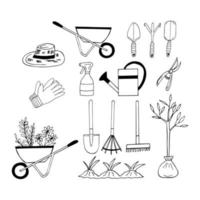 scarabocchio disegnato a mano del set da giardinaggio. , minimalismo, scandinavo, monocromatico, nordico. attrezzi da giardinaggio, piante, semi, fiori in vaso. adesivo, icona. vettore