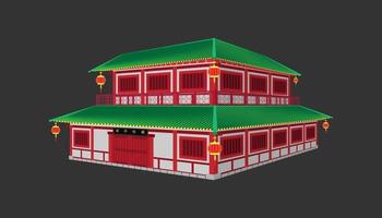 casa a due piani in stile cinese tradizionale tridimensionale c'è un muro bianco con legno rosso. con porte e windows.vector illustrazione eps10 vettore