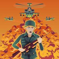 disegno del fumetto della bomba di fuga del soldato mentre l'elicottero e l'aereo da combattimento sorvolano vettore