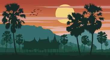 scenario di silhouette del paesaggio di campagna dell'asia sull'area tropicale con palme e la casa all'ora del tramonto vettore