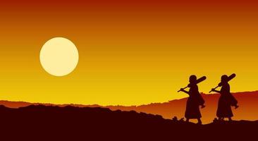 il monaco esce dal pellegrinaggio del tempio per rendere merito alla pace silenziosa e al dharma nello stile della silhouette della scena del tramonto vettore