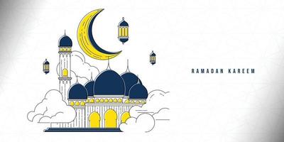 disegno al tratto di illustrazione vettoriale moschea, luna e lanterna. design ramadan kareem.