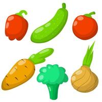 set di verdure. raccolto. oggetto rosso, arancione e verde. illustrazione piatta del fumetto. prodotti freschi naturali del villaggio. pomodoro, peperone, cipolla, cetriolo, broccoli, carota vettore