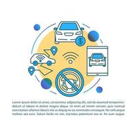 modello vettoriale della pagina dell'articolo del taxi senza conducente. vendita auto autonoma. brochure, rivista, elemento di design opuscolo con icone lineari e caselle di testo. disegno di stampa. illustrazioni concettuali con spazio di testo