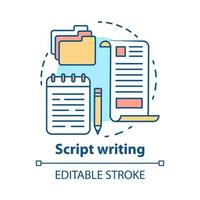 icona del concetto di scrittura di script. sceneggiatura, sceneggiatura. copywriting idea illustrazione al tratto sottile. creazione di contenuti. articolo, scrittura di saggi. disegno vettoriale isolato profilo. tratto modificabile