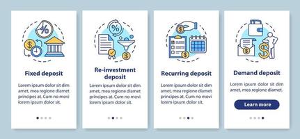 risparmio, deposito di investimento onboarding schermata della pagina dell'app mobile con concetti lineari. diversi tipi di deposito. istruzioni grafiche in quattro passaggi. ux, ui, modello vettoriale gui con illustrazioni