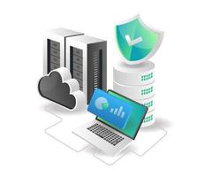 concetto di illustrazione isometrica. dati e sicurezza del server cloud di analisi vettore