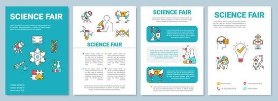 modello di brochure per la fiera della scienza. ricerca universitaria. volantino, opuscolo, stampa depliant, copertina con icone lineari. layout di pagina vettoriali per riviste, relazioni annuali, manifesti pubblicitari