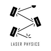 icona del glifo della fisica del laser. ramo dell'ottica. elettronica quantistica, costruzione laser, cavità ottica. riflesso di luce. esperimento ottico. simbolo della sagoma. spazio negativo. illustrazione vettoriale isolato