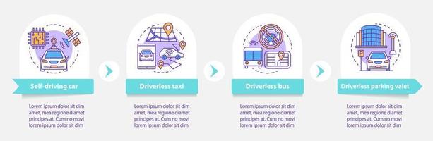 modello di infografica vettoriale per l'industria automobilistica senza conducente. elementi di design di presentazione aziendale. visualizzazione dei dati con quattro passaggi e opzioni. grafico della sequenza temporale del processo. layout del flusso di lavoro con icone lineari