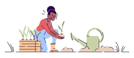 illustrazione vettoriale piatta di giardinaggio ragazza. donna afroamericana che pianta piantine con annaffiatoio personaggio dei cartoni animati. agricoltore che coltiva il raccolto. il vivaio funziona concetto isolato con contorno