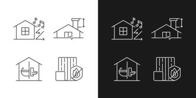 icone lineari di sicurezza per l'edilizia domestica impostate per la modalità scura e chiara. isolamento acustico. altezza minima del camino. simboli di linee sottili personalizzabili. illustrazioni di contorno vettoriale isolate. tratto modificabile