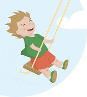 bambino oscillante. ragazzo sorridente felice che vola su un'altalena. illustrazione del fumetto isolata in stile piatto vettoriale. vettore