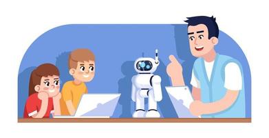 corsi di robotica per bambini illustrazione vettoriale piatta. programmazione droide per bambini. doposcuola. insegnante e piccoli studenti sui personaggi dei cartoni animati di lezione di informatica