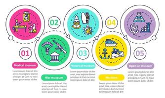 modello di infografica vettoriale per mostre e musei. elementi di design della presentazione dell'esposizione all'aperto. visualizzazione dei dati con cinque passaggi. grafico della sequenza temporale del processo. layout del flusso di lavoro con icone lineari