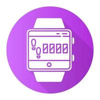 monitoraggio dei passi funzione smartwatch viola design piatto lunga ombra icona glifo. braccialetto fitness. allenamento sportivo, distanza percorribile a piedi, esercizio cardio basato sulle gambe. illustrazione della siluetta di vettore