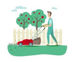 giardiniere con tosaerba e attrezzi da giardino. illustrazione vettoriale del servizio di falciatura del prato.
