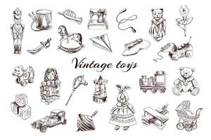 un set di giocattoli vintage disegnati a mano. contorno illustrazione vettoriale vintage. elemento di schizzo vintage per il design di etichette, imballaggi e carte.