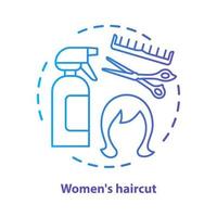 icona del concetto blu di taglio di capelli delle donne. prodotti per la cura e il trattamento dei capelli. illustrazione di linea sottile di idea di acconciatura. attrezzatura per parrucchiere. disegno di contorno isolato vettore gradiente blu. tratto modificabile