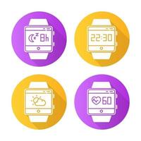 funzioni fitness tracker design piatto icone glifo ombra lunga impostate. servizi benessere smartwatch. monitoraggio della frequenza cardiaca, monitoraggio del sonno, orologio, previsioni del tempo. illustrazione della siluetta di vettore