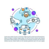 modello vettoriale della pagina dell'articolo dell'auto a guida autonoma. auto senza conducente. brochure, rivista, elemento di design opuscolo con icone lineari e caselle di testo per veicoli robotici. disegno di stampa. illustrazioni concettuali