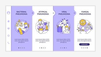 tipi di infiammazione respiratoria modello vettoriale di onboarding. sito web mobile reattivo con icone. pagina web procedura dettagliata 4 schermate di passaggio. concetto di colore di polmonite virale e fungina con illustrazioni lineari