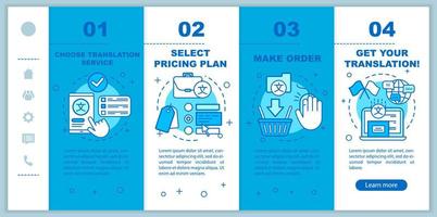 processo di servizio di traduzione onboarding modello vettoriale di pagine Web mobili. idea di interfaccia del sito Web per smartphone reattivo con illustrazioni lineari. schermate dei passaggi della procedura dettagliata della pagina Web. concetto di colore