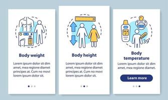 misurazione del corpo onboarding schermata della pagina dell'app mobile con concetti lineari. istruzioni grafiche in tre passaggi. peso corporeo, altezza e temperatura. ux, ui, modello vettoriale gui, illustrazioni