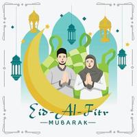 felice eid mubarak con illustrazioni che salutano le coppie di famiglie musulmane vettore