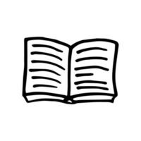 libro aperto in stile doodle.illustrazione vettoriale del libro di testo isolata su sfondo bianco. disegno a mano semplice logo per la biblioteca della scuola o dell'università