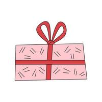 confezione regalo rosa in stile doodle. simbolo di sorpresa o regalo per la celebrazione. illustrazione vettoriale isolato su sfondo bianco