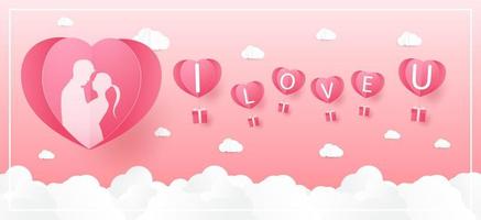 amore e San Valentino, gli amanti stanno in piedi e un palloncino a forma di cuore di carta che galleggia nel cielo. stile artigianale. vettore