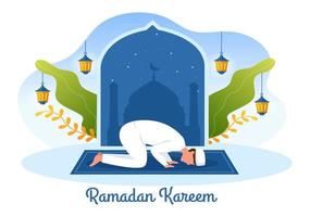 ramadan kareem con personaggio di persona in preghiera su sfondo piatto illustrazione vettoriale per festività religiose islamico eid fitr o adha festival banner o poster