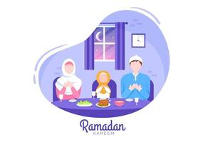 ramadan kareem con rottura del digiuno, iftar o sahur su sfondo piatto illustrazione vettoriale per festività religiose islamico eid fitr e adha festival banner o poster