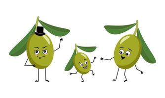 famiglia di personaggi di frutta d'oliva con emozioni felici, viso sorridente, occhi felici, braccia e gambe. la mamma è felice, il papà indossa il cappello e il bambino balla. illustrazione piatta vettoriale