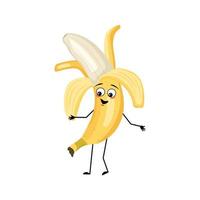 personaggio banana con emozione felice, viso gioioso, occhi sorridenti, braccia e gambe. persona con espressione, emoticon di frutta. illustrazione piatta vettoriale