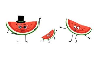 famiglia di personaggi di frutta anguria con emozioni felici, viso sorridente, occhi felici, braccia e gambe. la mamma è felice, il papà indossa il cappello e il bambino balla. illustrazione piatta vettoriale