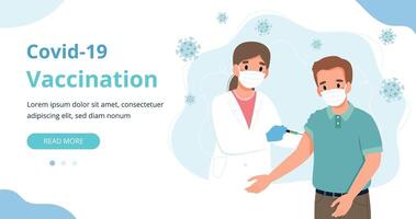 vaccinazione contro il coronavirus, uomo e un medico con una siringa. banner illustrazione vettoriale in stile cartone animato piatto