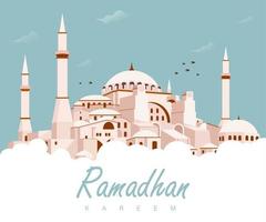 illustrazione vettoriale di ramadhan kareem con una moschea a quattro pilastri sullo sfondo