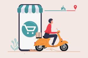 consegna veloce in scooter sul concetto di e-commerce mobile. vettore
