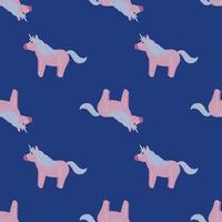 doodle seamless per bambini con sagome rosa pallido unicorno pony. sfondo blu indaco. vettore